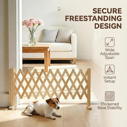 Adjustable Freestanding Wooden Pet Gate for Doorways & Stairs - Pressure Mounted Short Dog Gate, 15in Tall Freestanding Gate Expands 14 to 49in Wide for Dogs and Cats