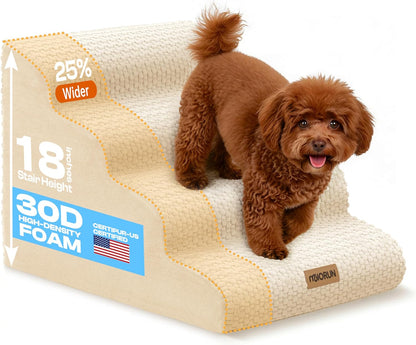 Extra Wide 4-Step Dog Stairs for Bed & Couch 18" H, More Stable Non-Slip Pet Steps with Balanced Foam Structure and Gentle Slopes, Stylish Indoor Dog Steps for Small & Medium Dogs, Gray