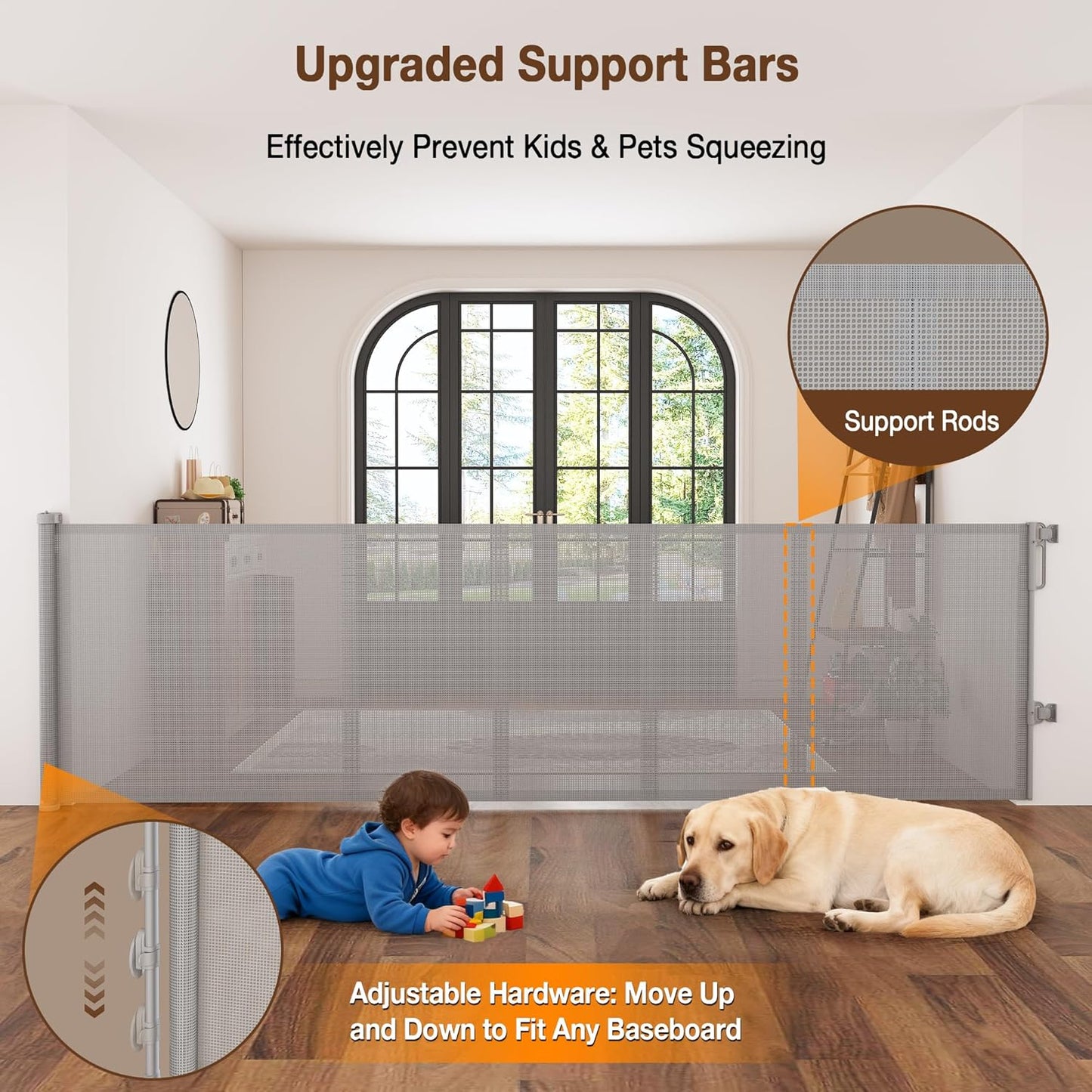Reinforced 120" Extra Wide Retractable Baby Gates for Stairs, Mesh Saftey Gate for Pets, 10 Foot Retractable Dog Gate, No Drilling, One-Hand Operation, Retractable Gate for Indoor & Outdoor Use