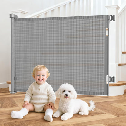 Upgrade 120 inch Retractable Baby Gates, EZIGO Extra Wide Baby Gate for Large Opening Extra Long Mesh Gate for Kids or Pet Dog Gate Child Safety Gate for Stairs Hallways Doorway Indoor Outdoor, Gray