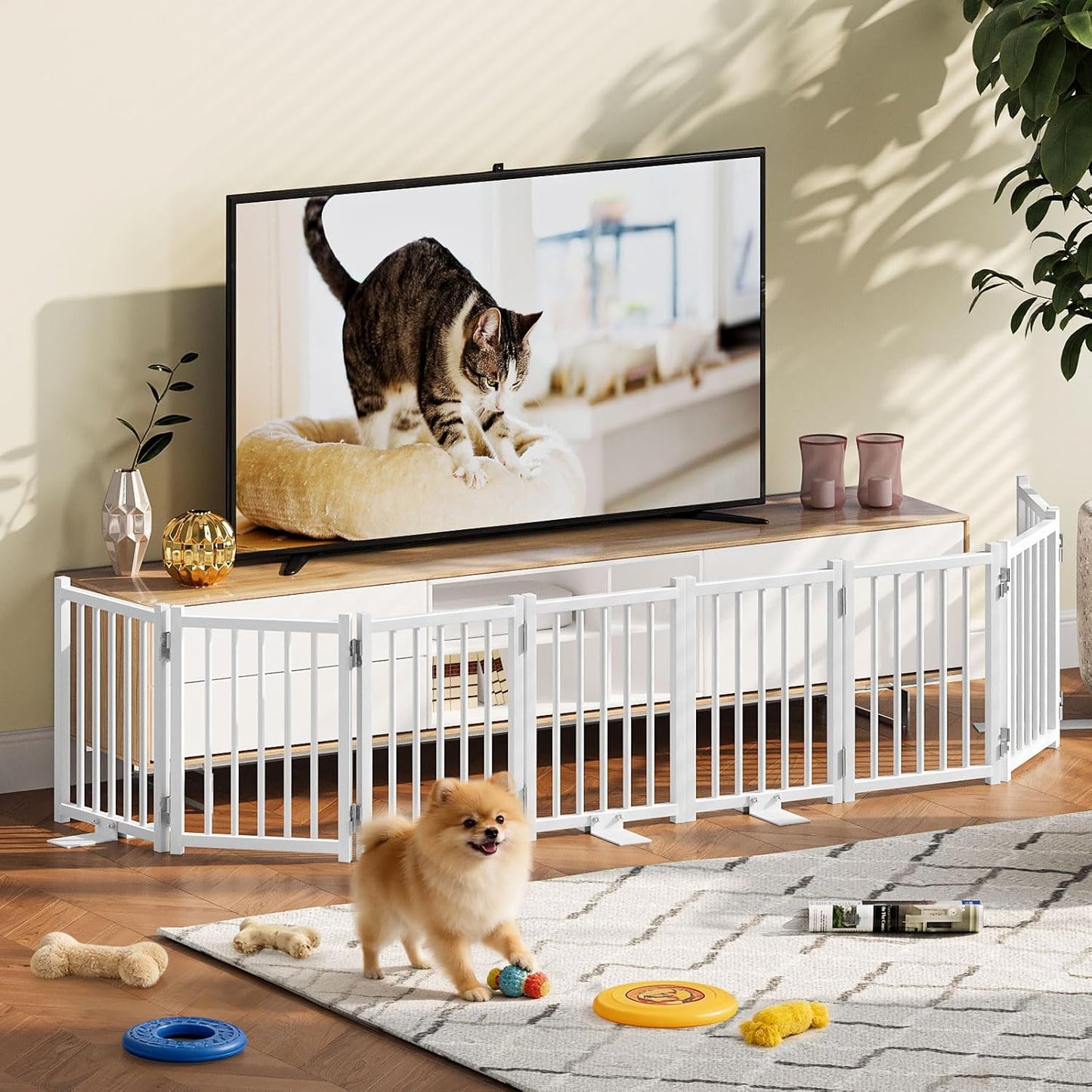 Snughome Short Dog Gate Indoor, 16" High Freestanding Small Dog Door Gates with Support Feet, Expands Up to 48’’ Wide Foldable Pet Gate for Doorway, 4 Panel Folding Pet Door Pet Fence for Puppy, White