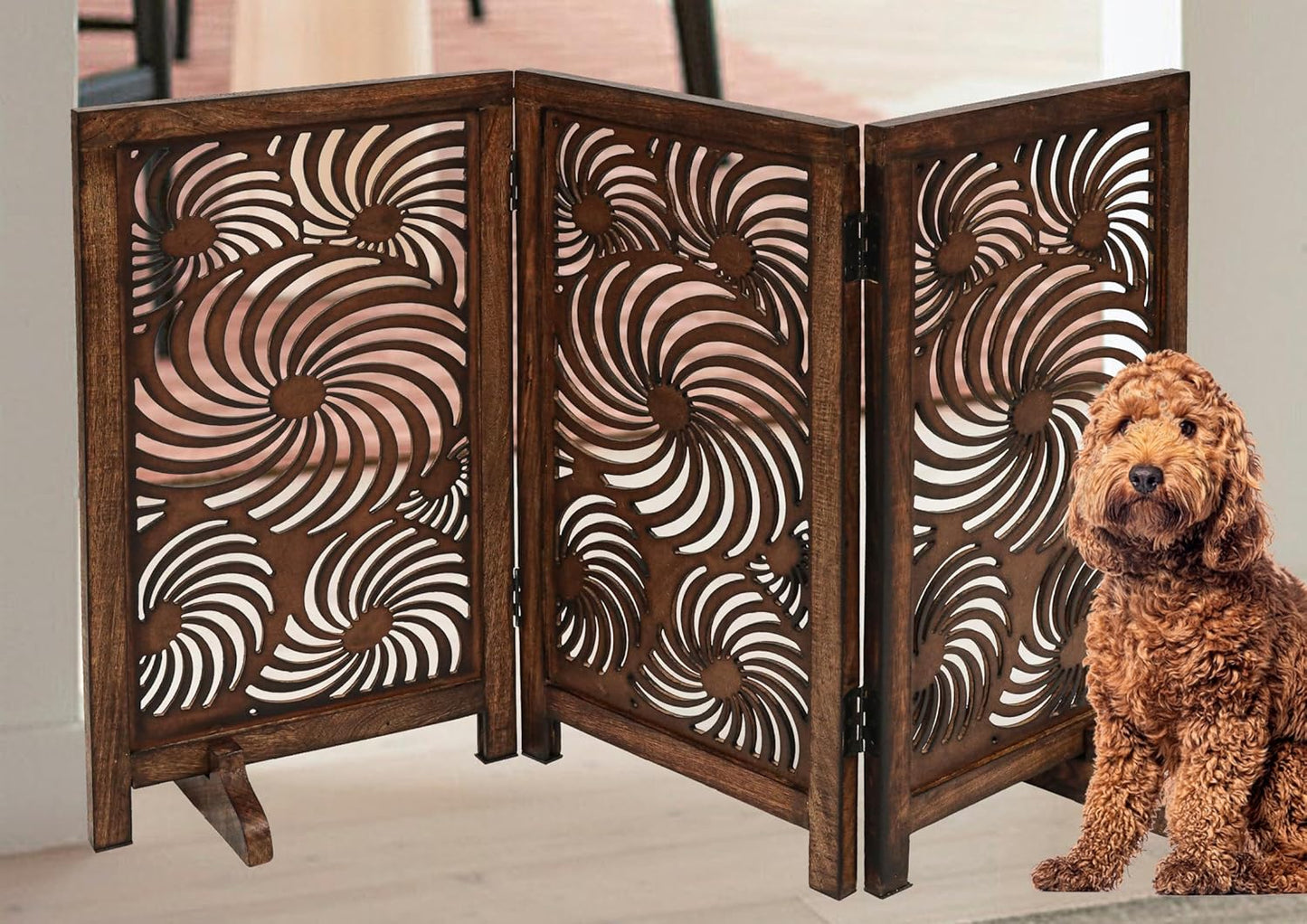 Freestanding Pet Gate for Dogs, Foldable Wooden Dog Gate for House, Indoor Dog Gate for Stair, Doorway, House Design Gates for Dogs Indoor, 72 Inch Wide, (18" x4 Panels 72 inch), Burnt Finish