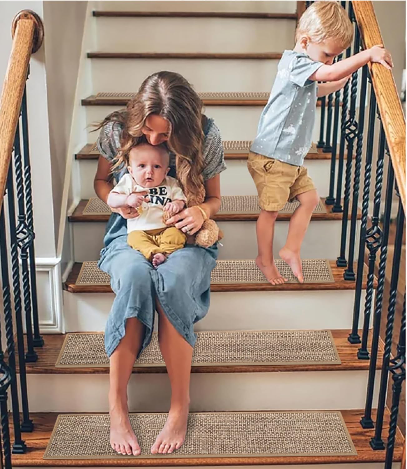 GROWLING Linen Stair Treads for Wooden Steps Indoor 30x8 inch, 15pcs Upgraded Self Adhesive Backing Non Slip Stair Carpets, Peel and Stick Stair Runner Rugs, Reusable Staircase Step Treads(Brown)