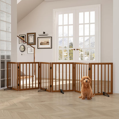 Freestanding Dog Gates Indoor, 3-Panel Pet Gates with 2 Metal Stands and 360° Hinge, 24" H Foldable Dog Gate for Stairs, Doorway, Kitchen, Expands Up to 55" Fully Assembled - Black Walnut