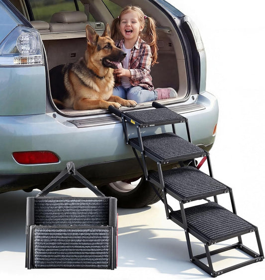VEVOR Dog Stairs for Car, 4 Steps Extra Wide Foldable Dog Ramp for Large Dogs with Non-Slip Rug Surface, Portable Lightweight Pet Ladder for Car, SUV, Truck, High Beds, Sofas, Support up to 200 lbs