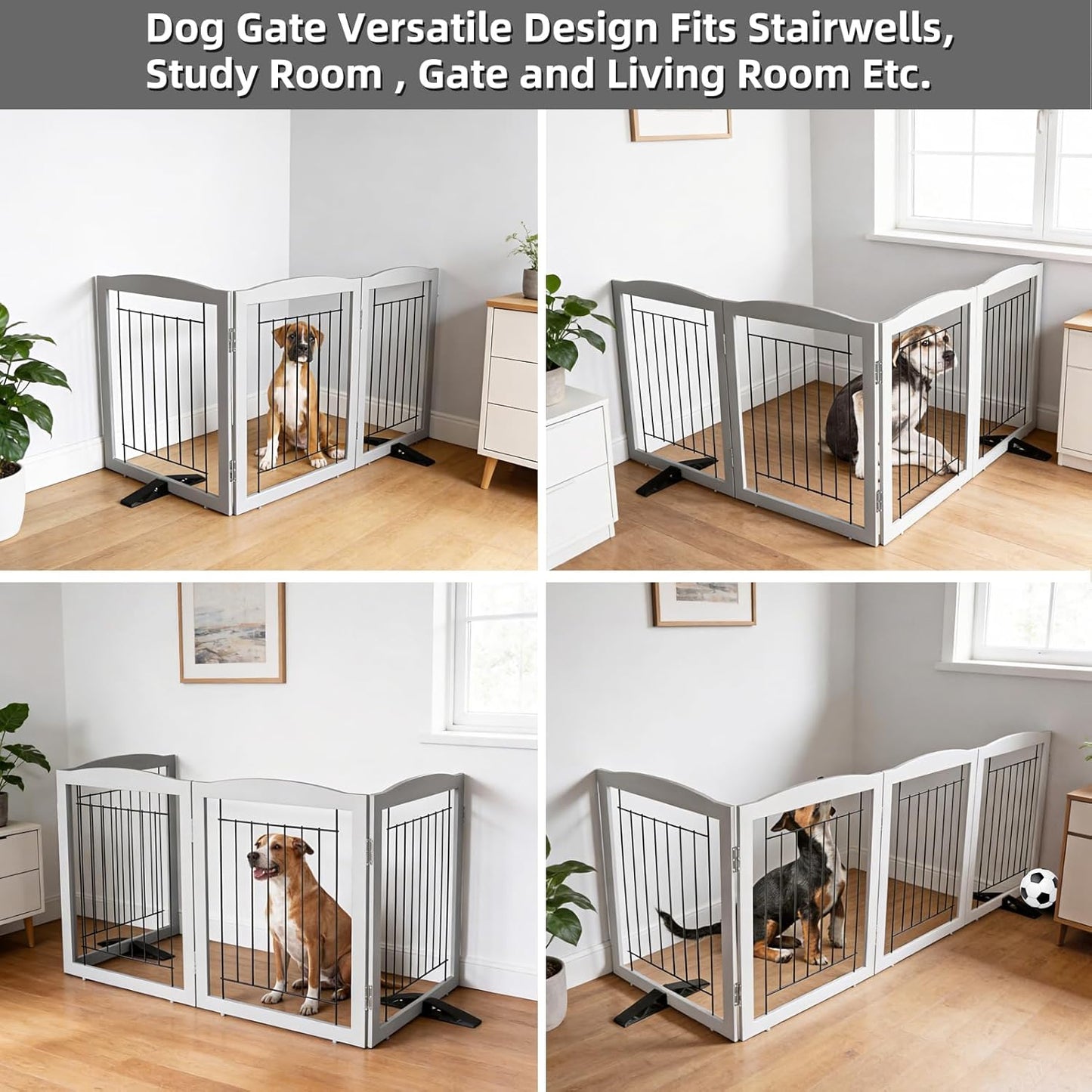 ZJSF Freestanding Dog Fence Indoor, Foldable Dog Gate for Doorways, Stairs or Hallways, Sturdy Wood Extra Wide Pet Gate with Support Feet for The House, White, 24 "Height-3 Panels