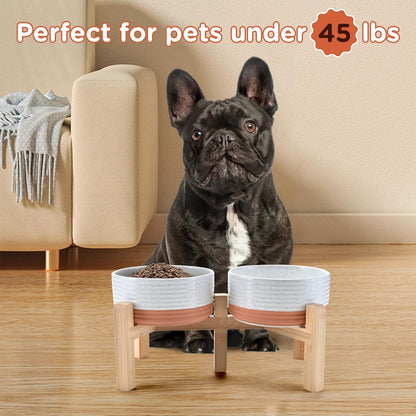 SPUNKYJUNKY Elevated Dog Bowls Ceramic, 6.1'' Dogs and Cat Food Water Bowls Raised with Non-Slip Bamboo Stand for Medium Sized Breed Microwave Dishwasher Safe - 28.7 OZ,Beige