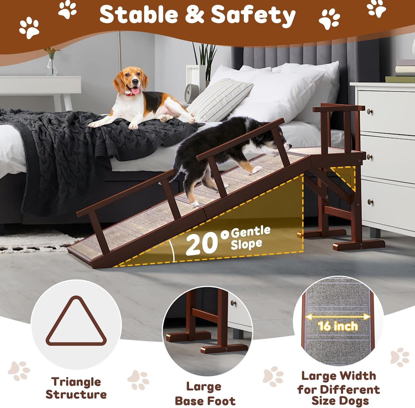Onelike Wooden Dog Ramp for Bed with Removable Side Rail and Non-Slip Carpet, Stable Pet Ramp Stair for Couch Sofa for Small & Large & Senior Dogs, 74" Long Ramp Brown