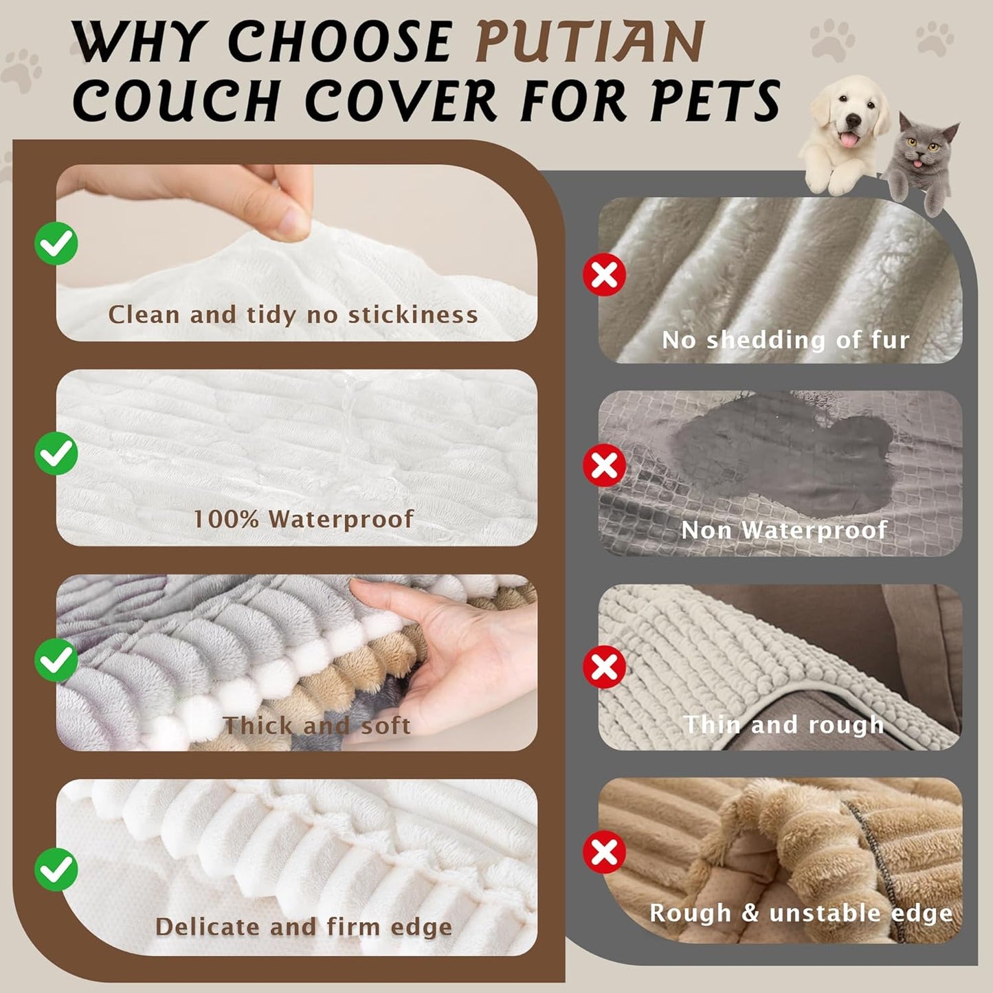 PuTian 100% Waterproof Fuzzy Couch Cover for Dogs Washable Non-Slip Furniture Cover Pet Friendly Dog Mat for Couches and Sofas White 27.6''x59'' 70cmx150cm