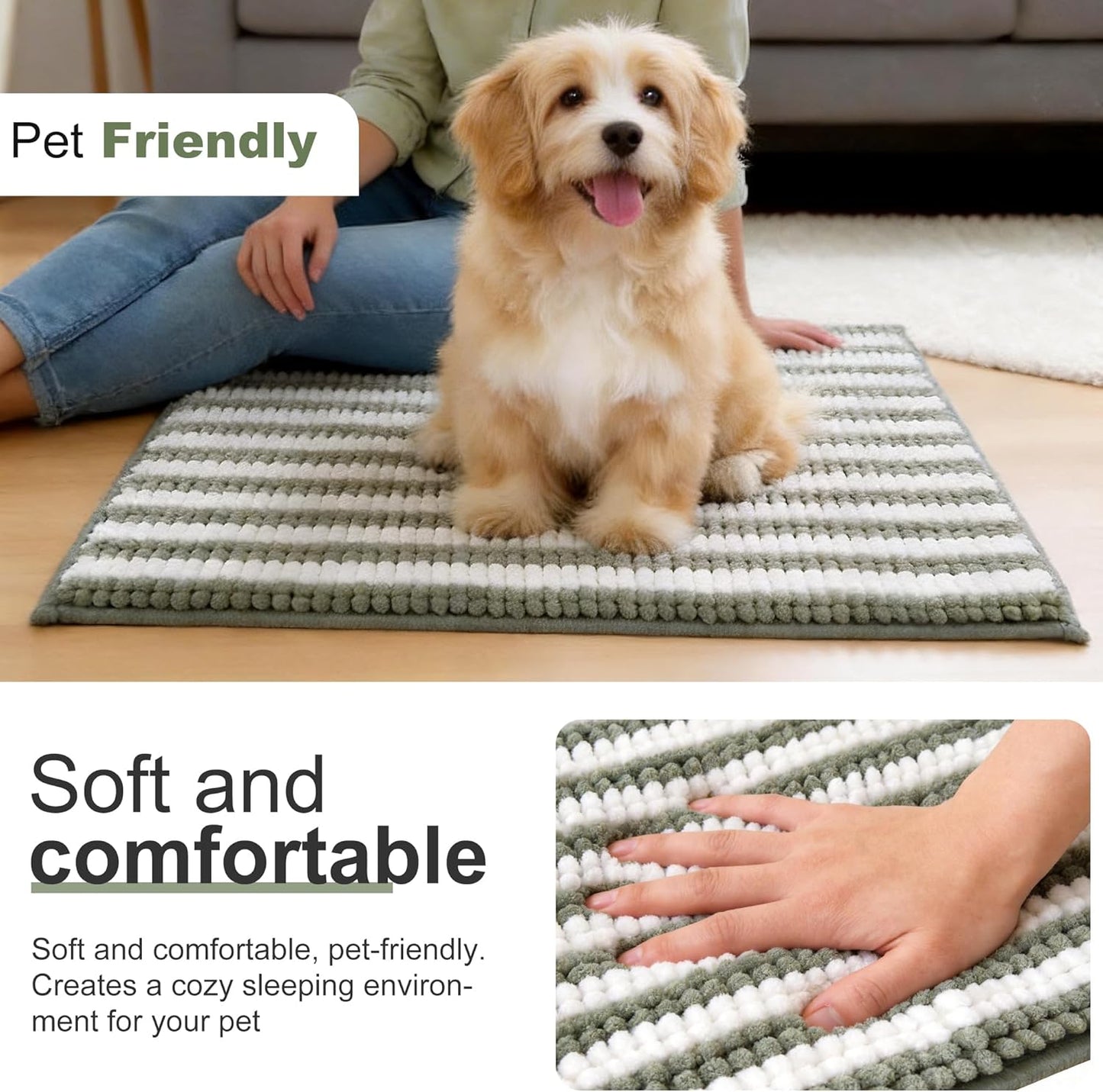 pobopobo Dog Door Mat for Muddy Paws - Absorbent & Washable Chenille Rug, Non-Slip Dirt Trapper for Indoor Outdoor Entryway, Quick Dry Pet Mat for Muddy Dogs (Striped Gray-Blue&White, 24" x 16")