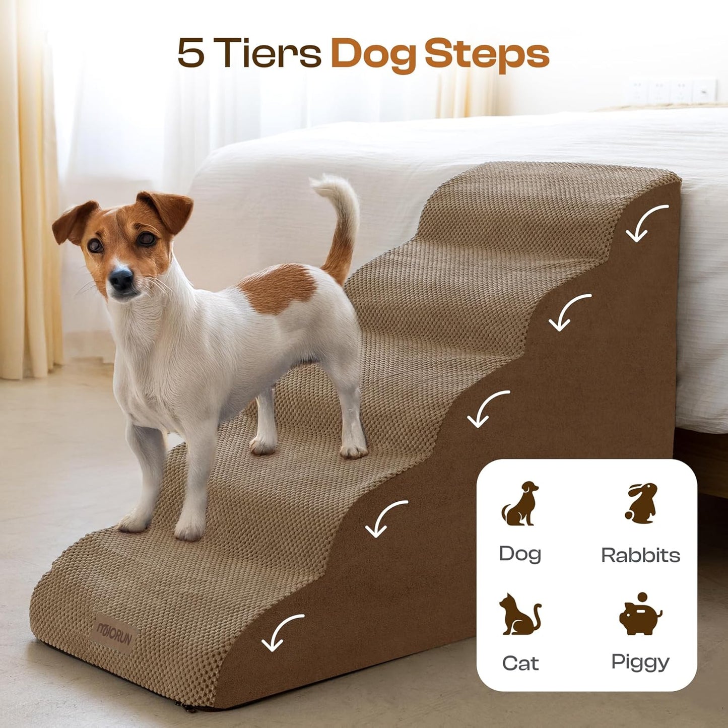 Dog Stairs for High Beds Up to 30", Extra-Tall 5-Step Dog Steps for Bed, 24.5" Tall Foam Pet Stairs for Small & Medium Dogs, Gentle Slope Cat Ramp for Bed with Washable Cover