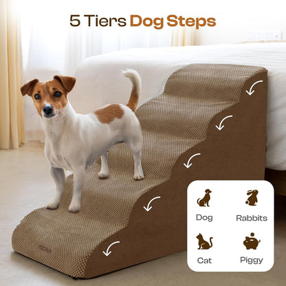 Dog Stairs for High Beds Up to 30", Extra-Tall 5-Step Dog Steps for Bed, 24.5" Tall Foam Pet Stairs for Small & Medium Dogs, Gentle Slope Cat Ramp for Bed with Washable Cover
