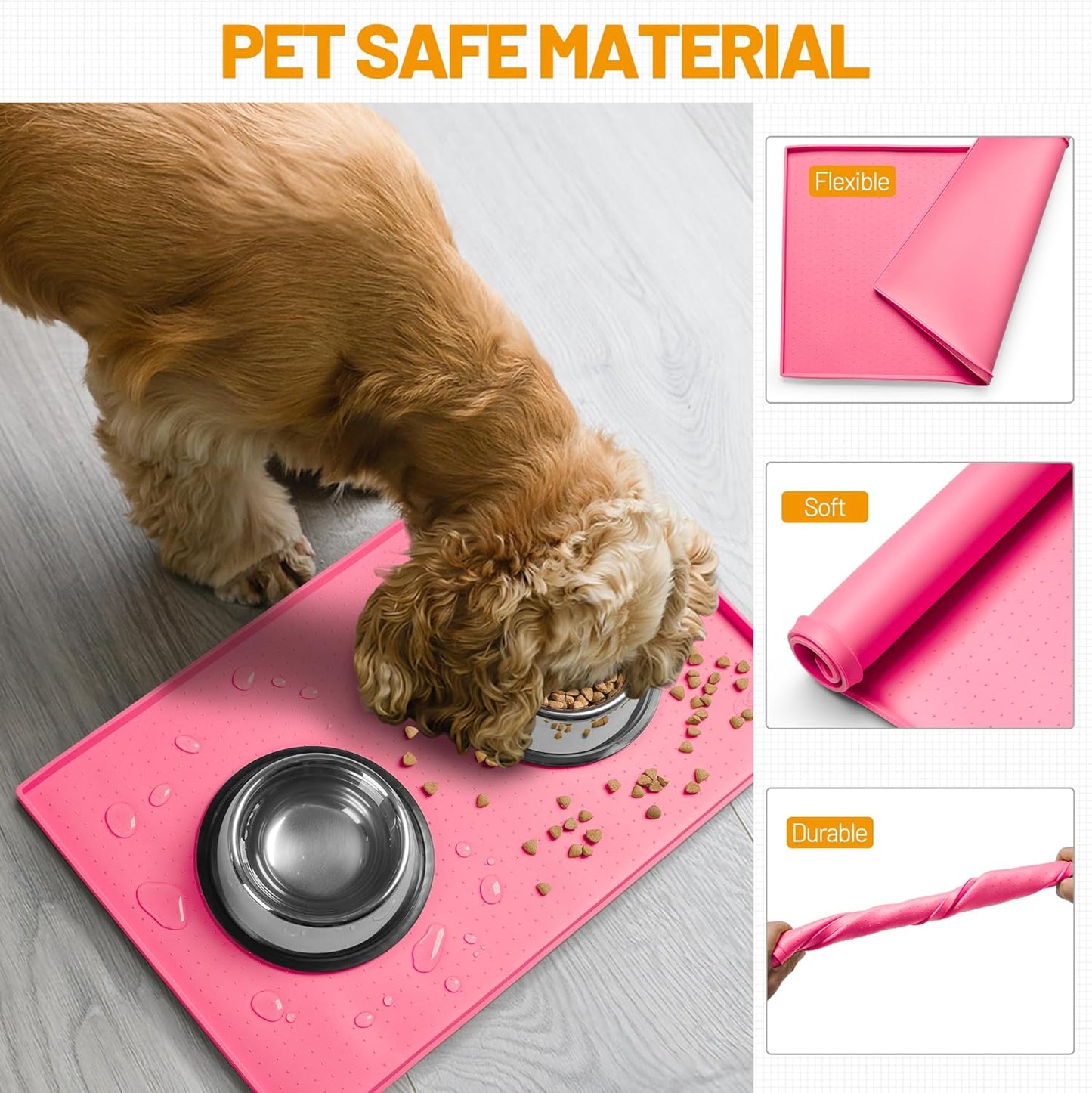Hubulk Dog Feeding Mat,100% Waterproof Food Grade Silicone Pet Food and Water Bowl Placemat,Dishwasher, High Raised Edge to Prevent Spills,Nonslip Tray to Stop Messes on Floor (19"x12"x0.5", Grey)