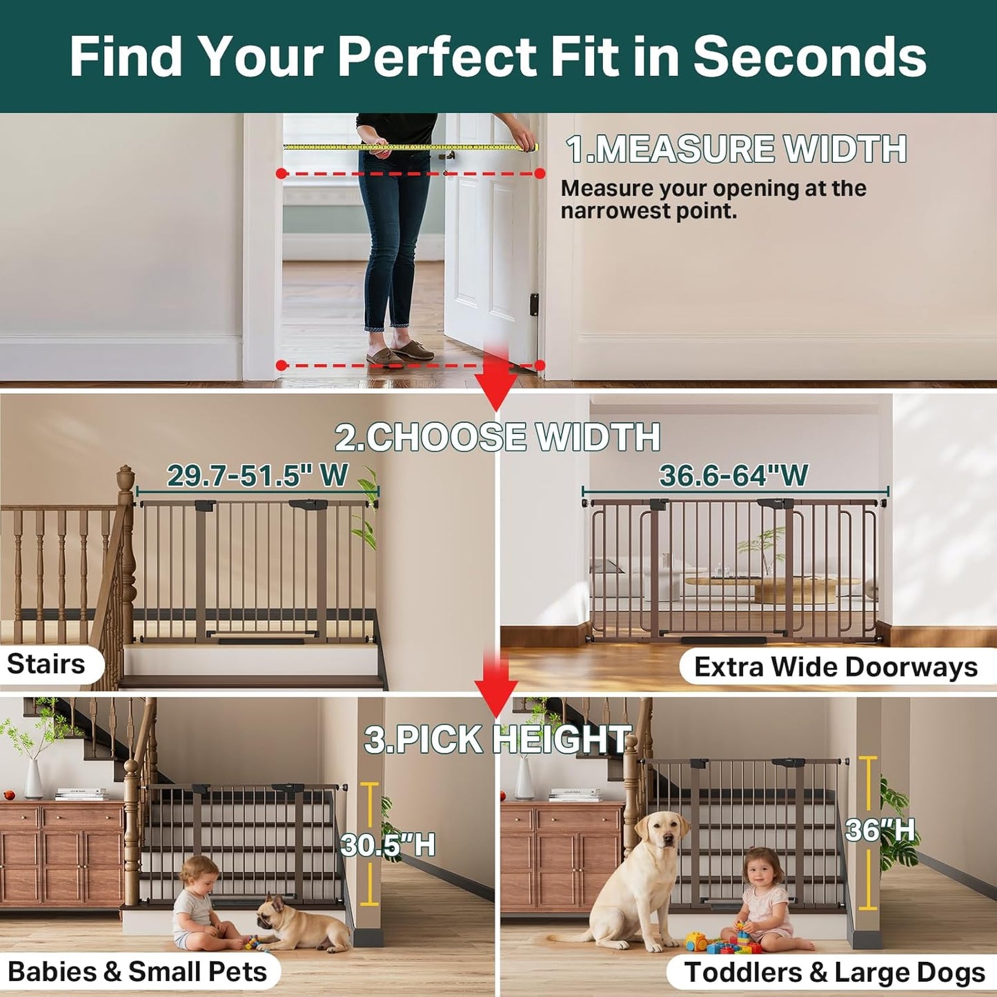 Cumbor 36.6-64" Extra Wide Baby Gate for Stairs, Dog Gates for Doorways, Auto-Close Pet Gate Indoor, Pressure Mounted Walk Through Safety Child Gate for Kids Toddler, Tall Pet Puppy Fence Gate, Brown
