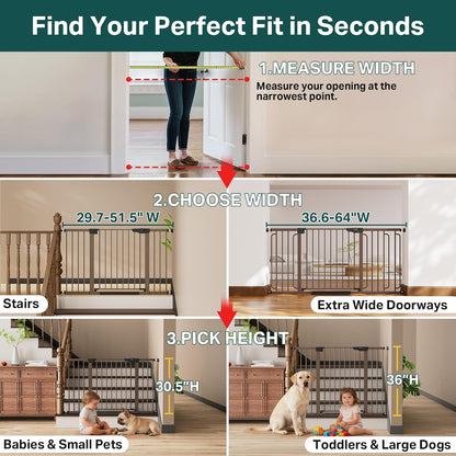 Cumbor 36.6-64" Extra Wide Baby Gate for Stairs, Dog Gates for Doorways, Auto-Close Pet Gate Indoor, Pressure Mounted Walk Through Safety Child Gate for Kids Toddler, Tall Pet Puppy Fence Gate, Brown