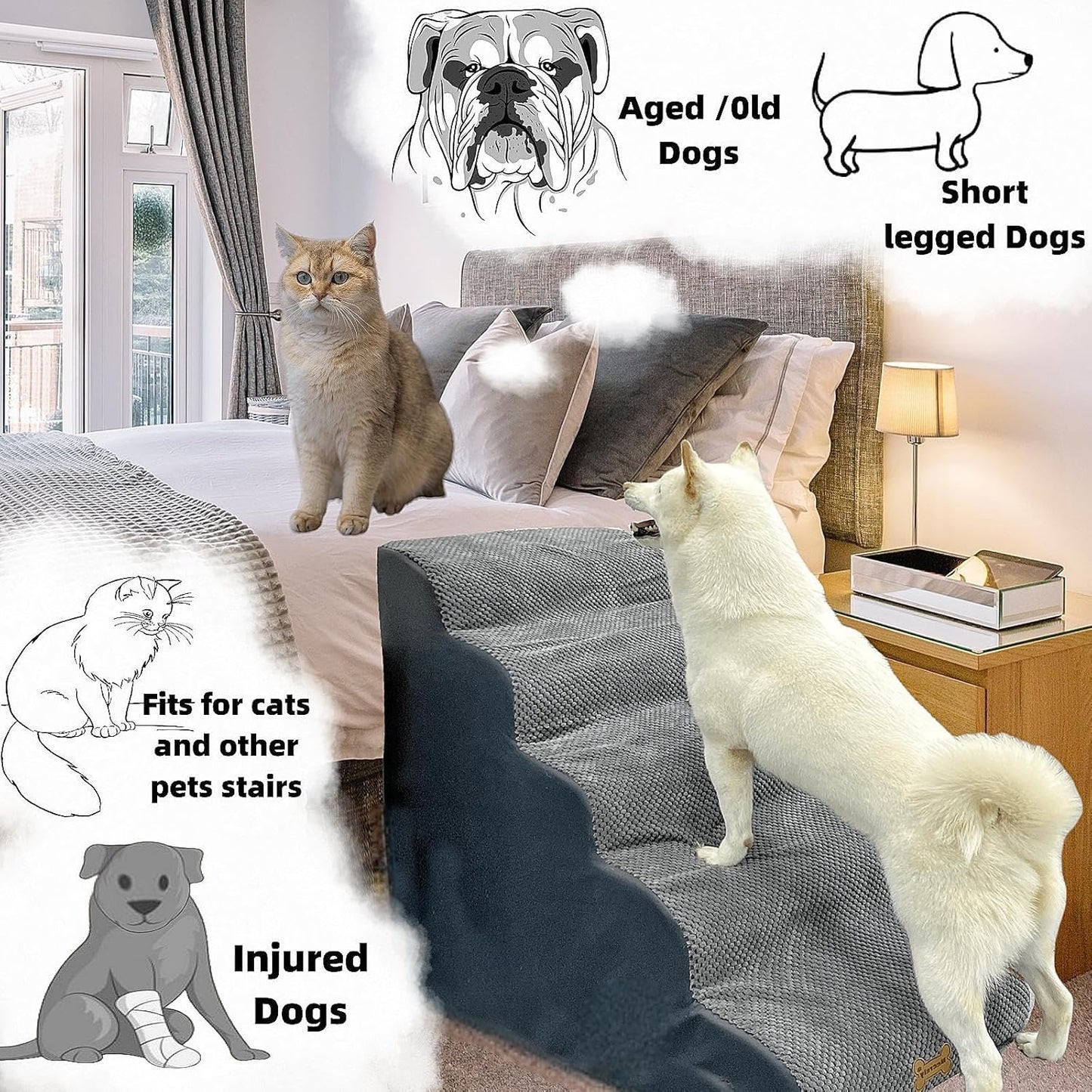 Necrely 4-Step Dog Stairs for High Beds 18-24 Inch Pet Steps 2 3 4 5 Tier Ladder Non-Slip Sturdy Ramp Small Medium Large Dog Steps to Couch Bed Old Dogs Balanced Pet Stairs for Getting on Bed