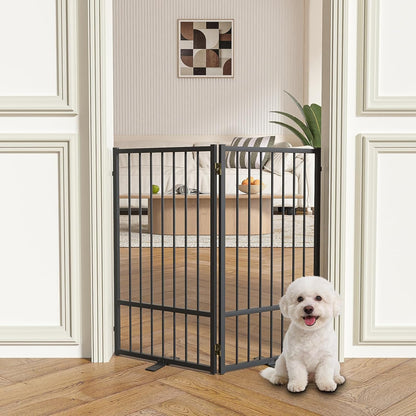 SNUOWU Full Metal Freestanding Dog Gate with Door, 32''Height Foldable Pet Dog Fence for Indoor & Outdoor, 4 Panels Extra Wide Free Standing TallDog Gates for Doorways,House,Stairs,Porch,Deck,Yard