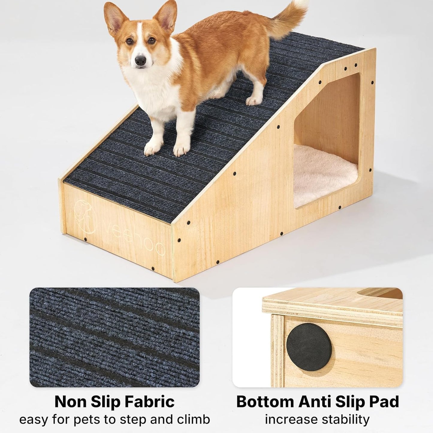 Veehoo Small Dog Ramp for Bed Couch, Pet Ramps for Dogs to Get on Bed Couch with Cat Cave Condo Non Slip Surface and Bottom Pad, 16" Wide Wooden Doggy Stairs Puppy Steps Small Ramp Ladder for Indoor