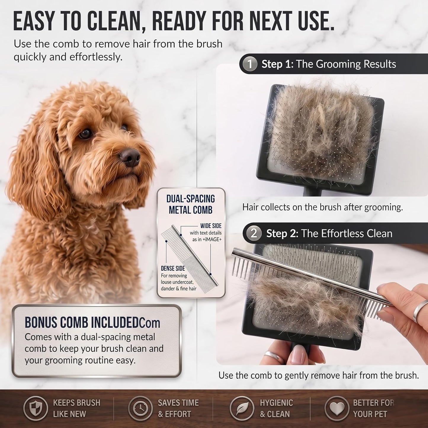 Slicker Brush for Doodles and Poodles - 2-Piece Solid Wood Dog Grooming Set with Extra Long Pin Dematting Tool and Metal Comb for Curly, Matted & Thick Hair, Purple