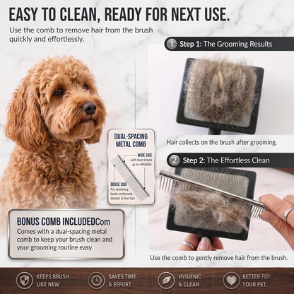 Slicker Brush for Doodles and Poodles - 2-Piece Solid Wood Dog Grooming Set with Extra Long Pin Dematting Tool and Metal Comb for Curly, Matted & Thick Hair, Purple
