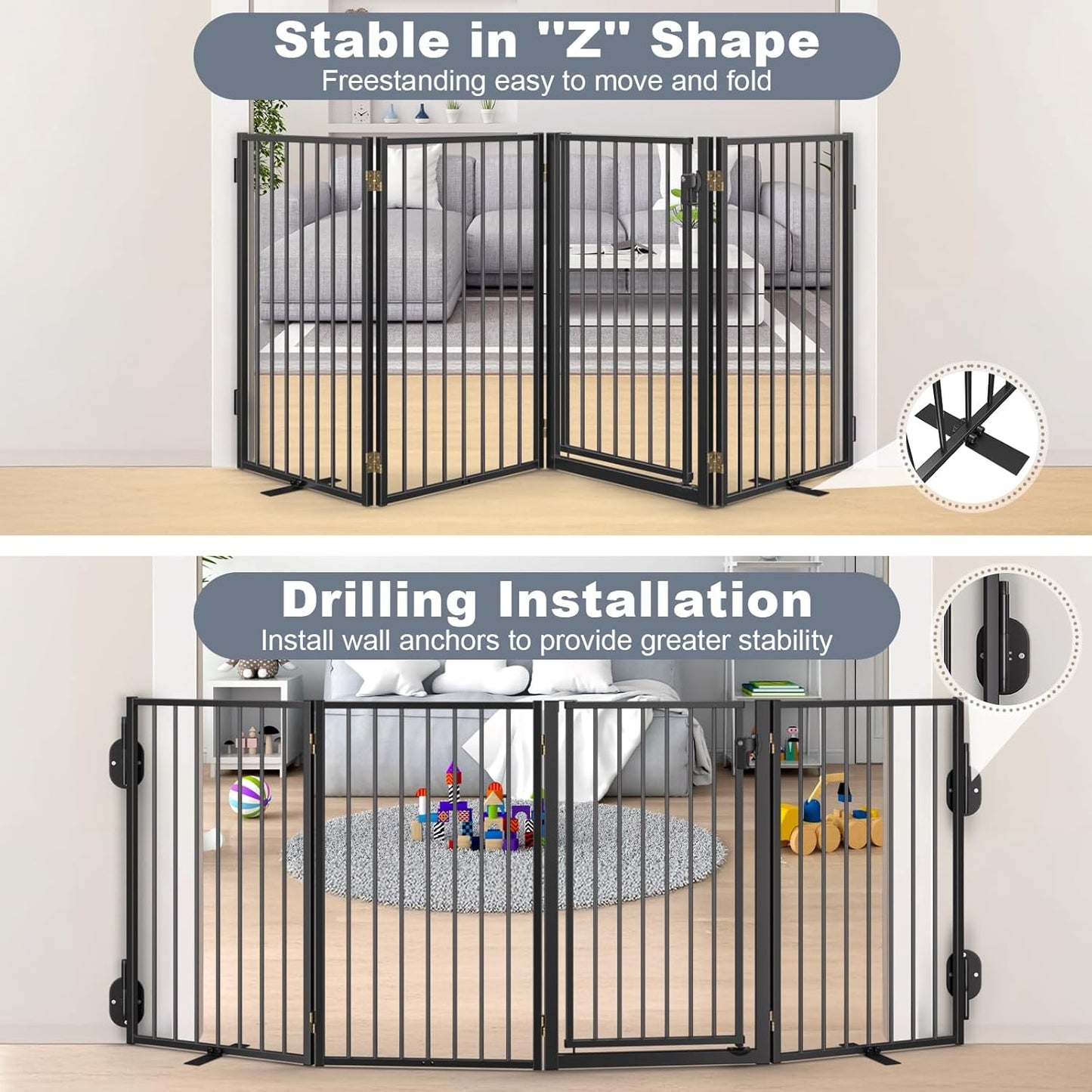 Metal Freestanding Dog Gates with Door for Outdoor Indoor,80'' Extra Wide 32'' Tall Free Standing Dog Gate for Doorways,Large Openings,Deck,Yard,Foldable Safety Pet Fence(Black,4 Panels)