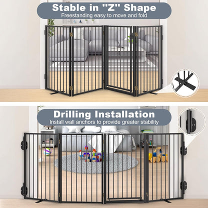 Metal Freestanding Dog Gates with Door for Outdoor Indoor,80'' Extra Wide 32'' Tall Free Standing Dog Gate for Doorways,Large Openings,Deck,Yard,Foldable Safety Pet Fence(Black,4 Panels)