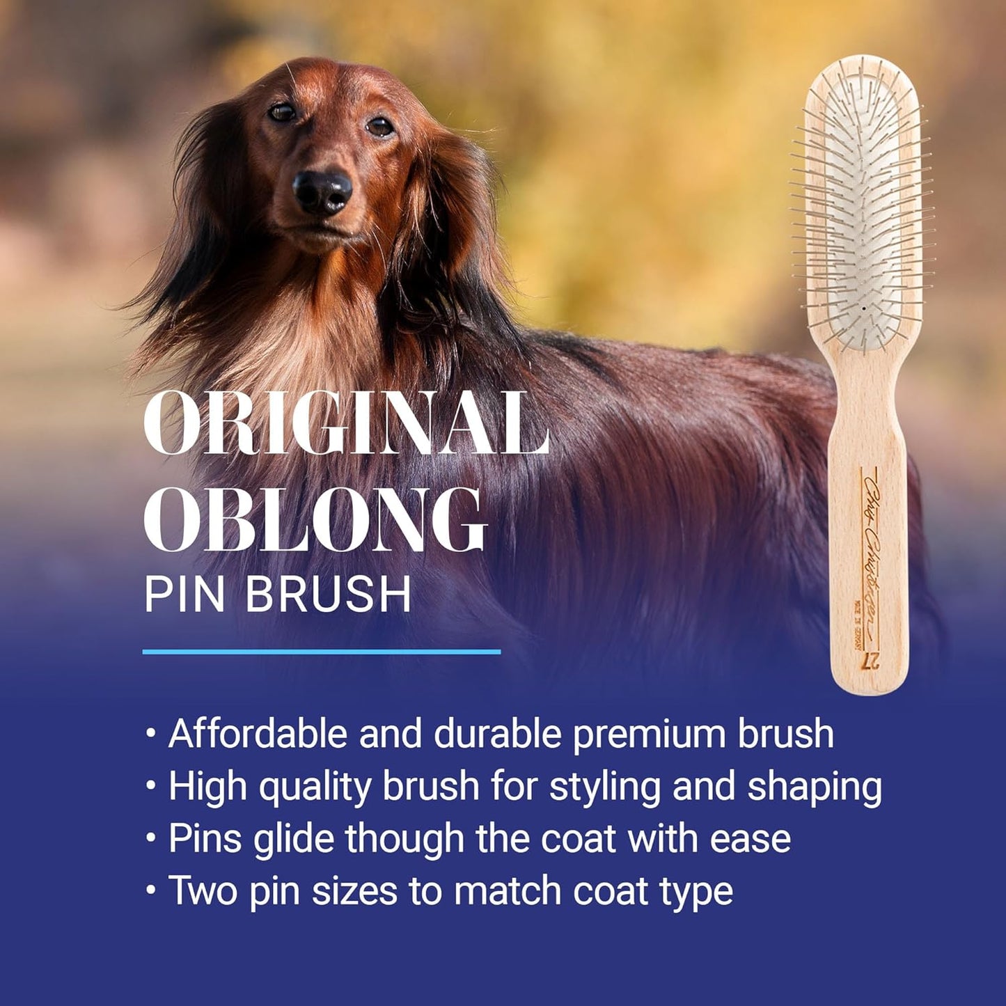 Chris Christensen 20 mm Oblong Pin Dog Brush, Original Series, Groom Like a Professional, Stainless Steel Pins, Lightweight Beech Wood Body, Ground and Polished Tips