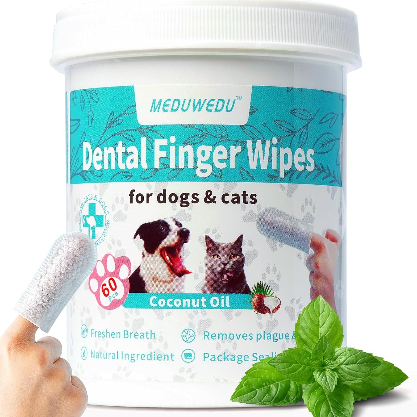 MEDUWEDU Dental Care Finger Wipes 60 Counts,Teeth Cleaning Finger Wipes for Dogs & Cats,Reduces Plaque & Supports Oral Freshness, Coconut Scent
