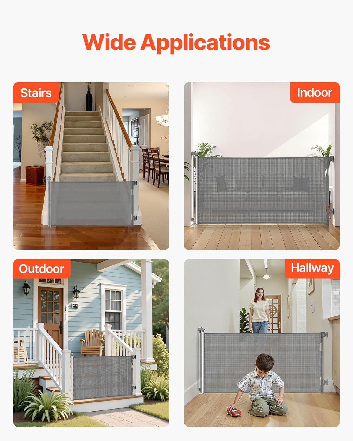 VEVOR Retractable Baby Gate, Extends to 202.7 inch Extra Wide, 39 inch Tall, with Reinforced Fiberglass Strips, Avoids Crawling Through, Mesh Dog Gate for Decks, Doorways, Garages, Indoor, Black