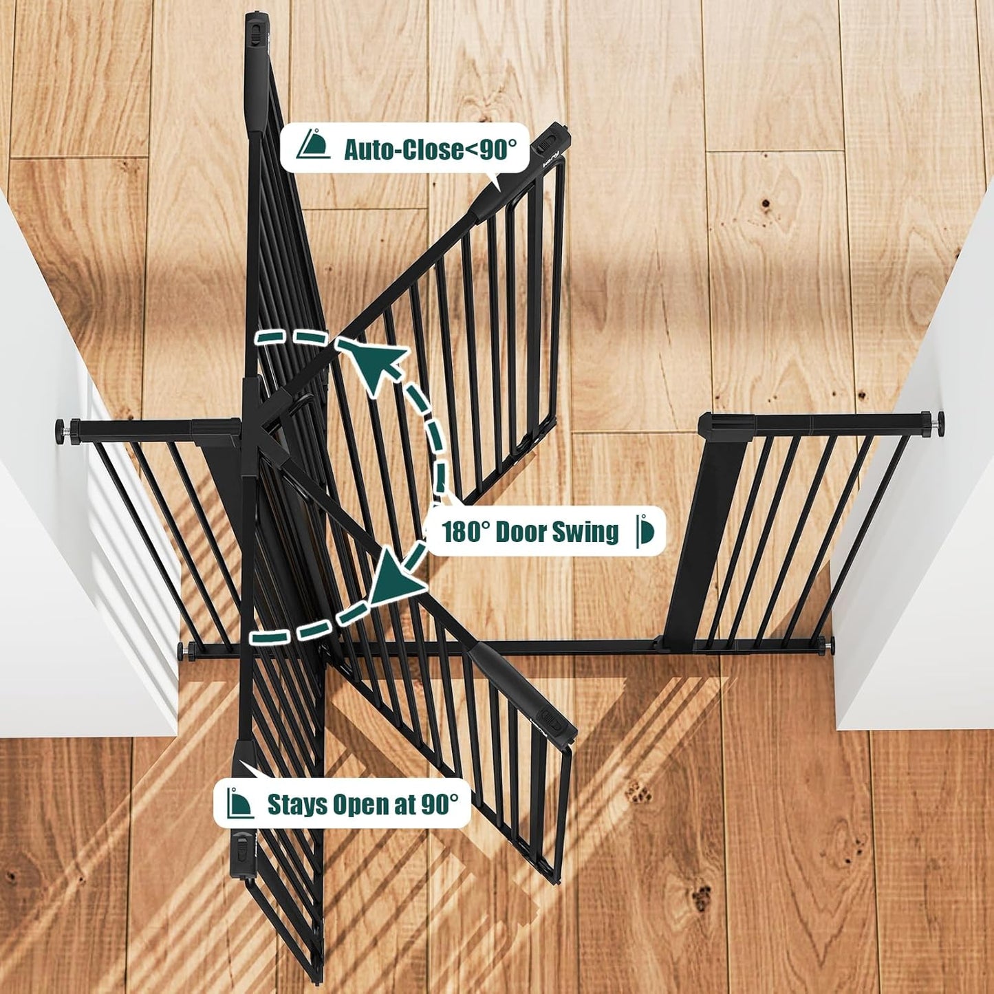 keny 29.7"-46" Baby Gate for Stairs, Auto Close Dog Gates for Doorways, Pressured Mounted No Drilling Pet Gate Extra Wide, One-Hand Opening Dual Lock Stair Gate, Indoor Kids Necessities, Black