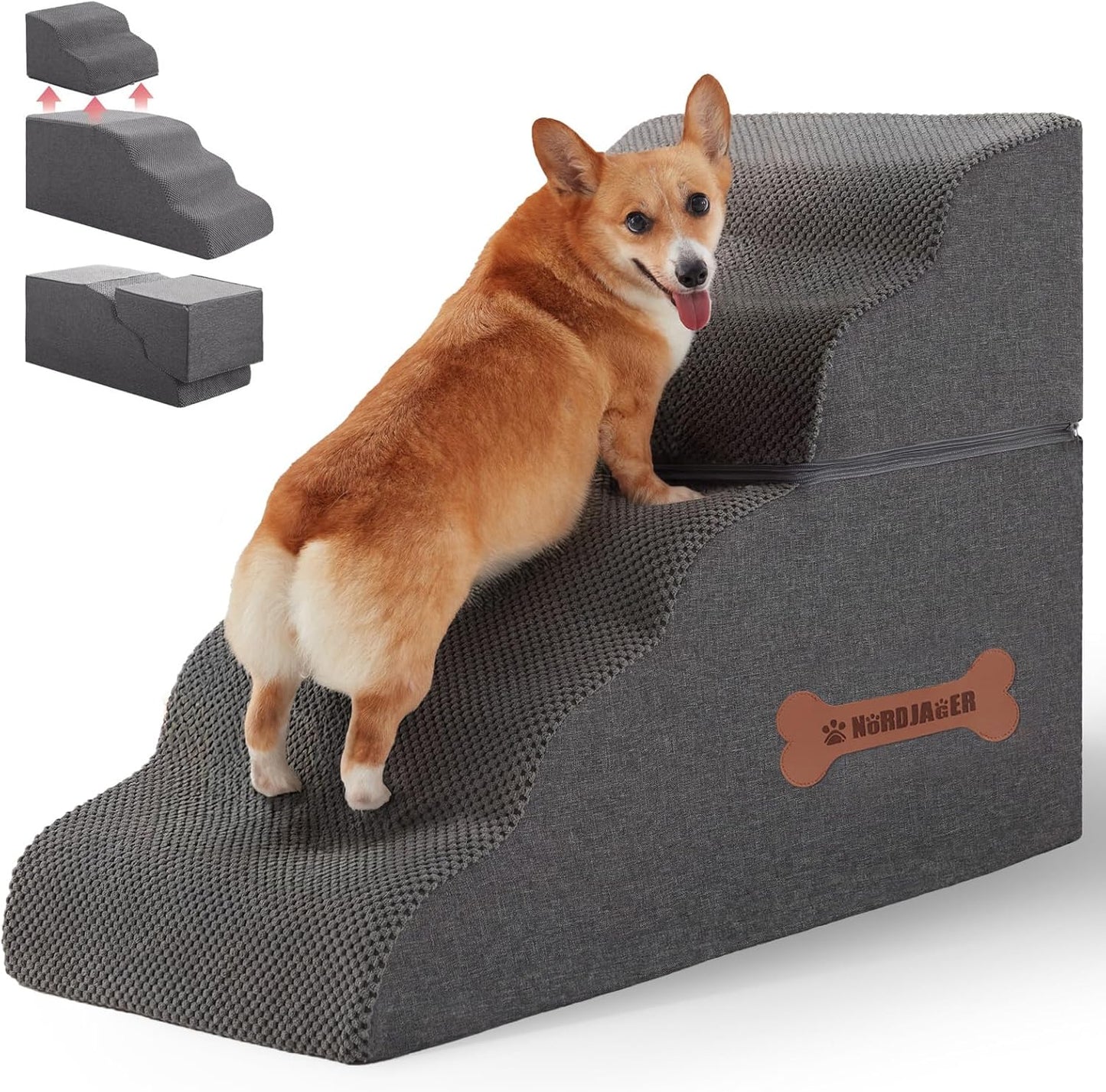Dog Stairs for Small Dogs and Cats, 2 Steps Pet Stairs to Get on Couch Sofa and Chair, Indoor Non-Slip Balanced Portable Pet Step, High-Density Foam Ramp with Removable Washable Cover, Grey（11.8" H）