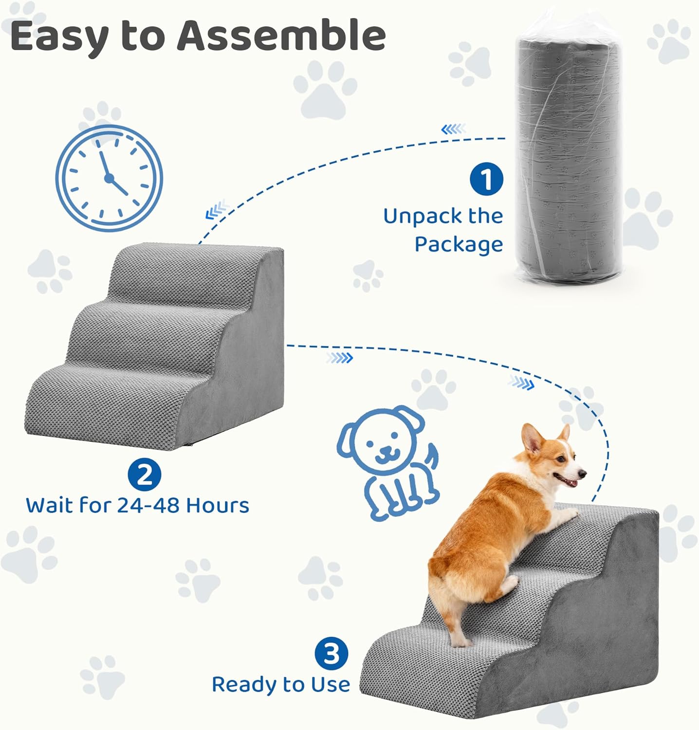 DUMOS Dog Stairs for Small and Medium Dogs, 3-Step Pet Steps with High-Density Foam, Indoor Non-Slip Pet Ramp for Puppy and Older Dogs Cats, Dog Bed Stairs for Couch and Sofa, Grey