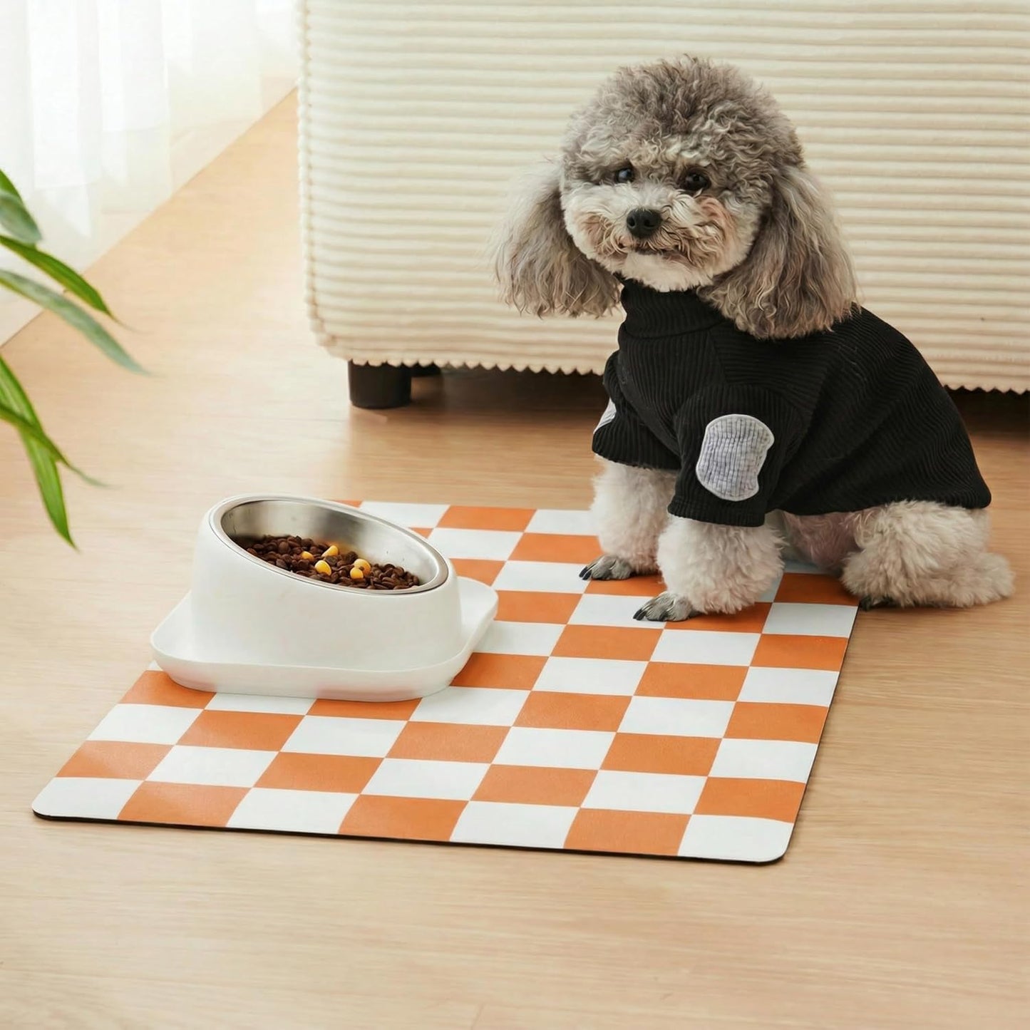 Checkered Dog Feeding Mat, Absorbent Mats for Dog Food and Water Bowl, Dispenser, Retro Aesthetic Khaki Beige Checkerboard Pet Placemat for Dogs, Cats, Puppy Accessories, 12" X 19”