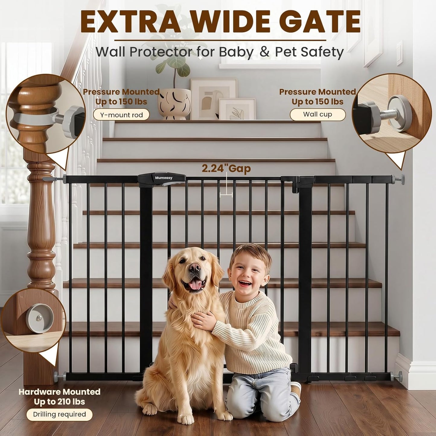 Mumeasy 36" High Extra Tall Dog Gate, 29.6"-40.5" Wide Pressure Mounted Tall Baby Gate for Dog, Auto Close Pet Gate with Door for Stairs,Doorways,House,Black