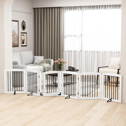 PUPETPO Freestanding Dog Gate with Door, Pet Gate for Stairs, 80 inch Wide Pet Barrier Indoor, Dog Fences Indoor, Support Feet Included, 4 Panels, 24" Tall, Dark Brown