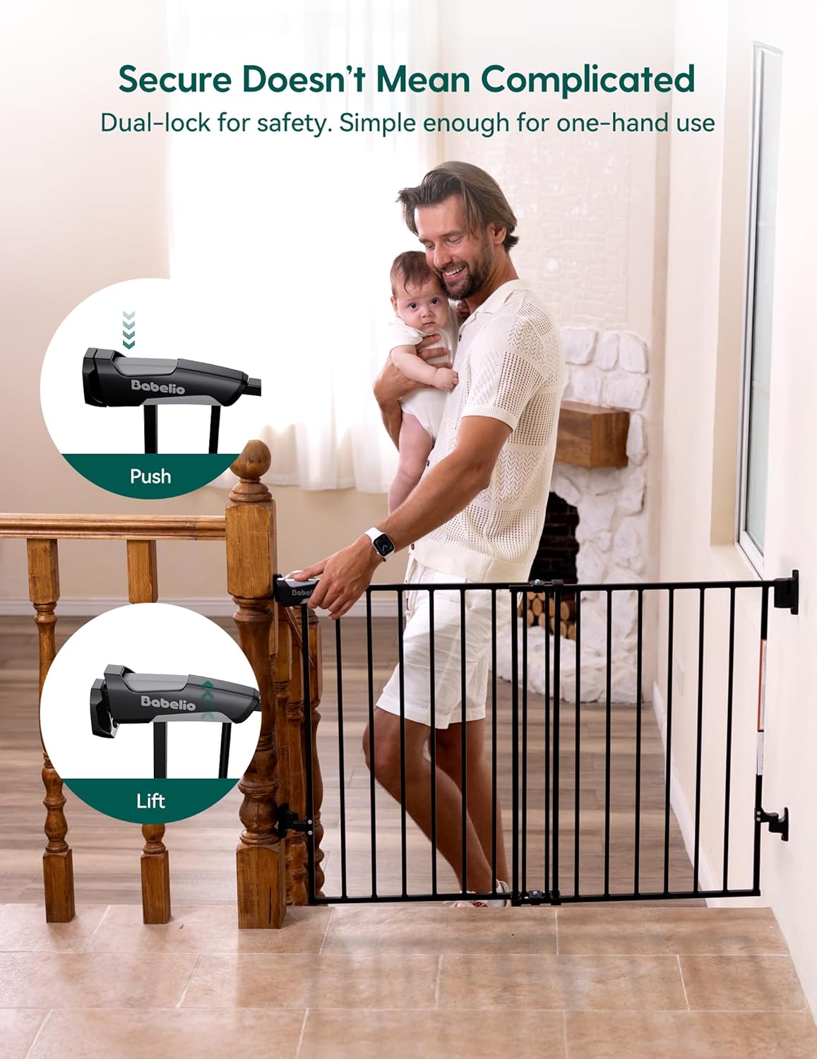 Babelio Baby Gate for Stairs, Kitchen & Doorways, 26-43" W 28" H No Bottom Bar| Easy Installation| One-Handed Operation| Auto-Close| Hardware Mount (Drill Needed) Safety Dog/Pet Gate Indoor (White)