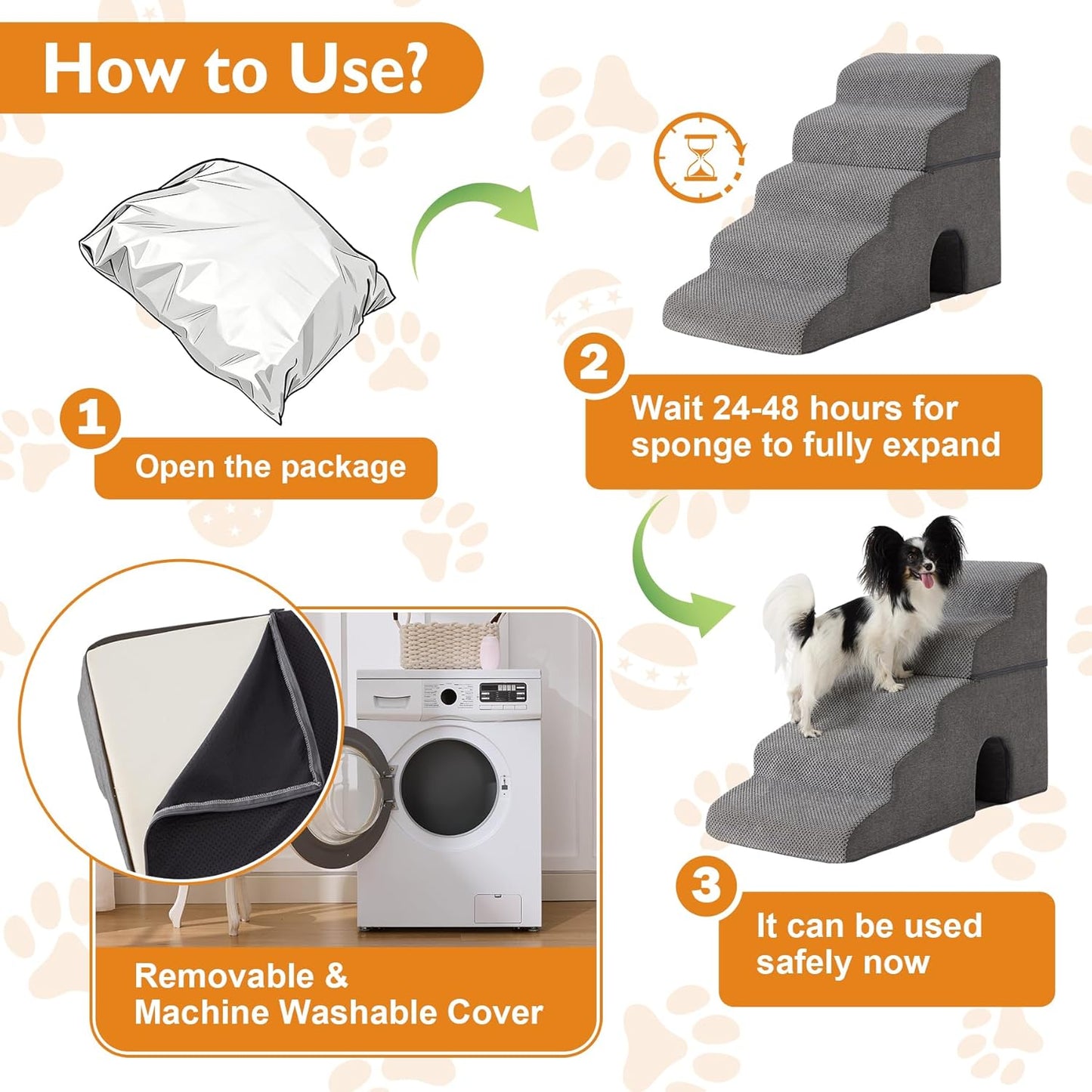 Dog Stairs for Bed 23’’ H, 5-Step Dog Steps for High Bed, Foldable Pet Stairs for Small Dogs and Cats to Get on Beds, Couch, Non-Slip Balanced Pet Steps and Ramp with Waterproof Cover, Grey