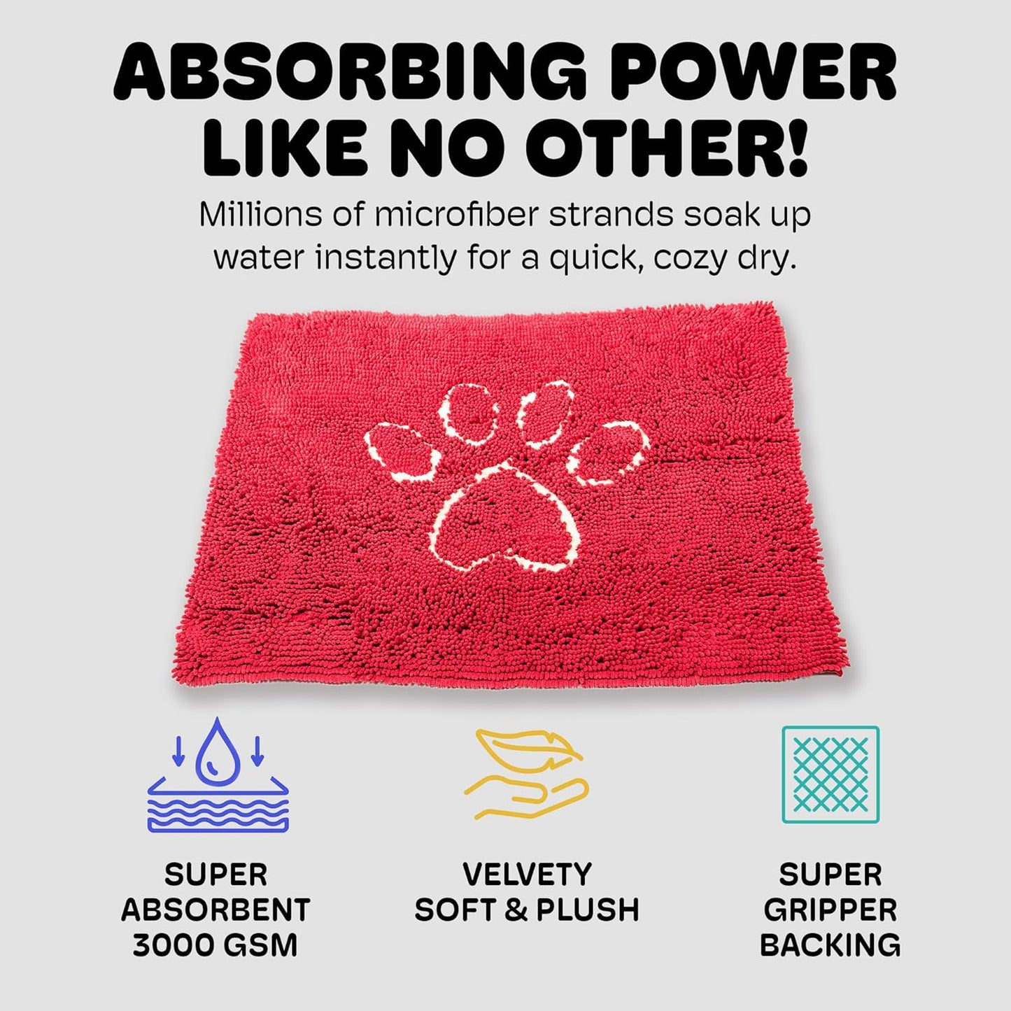 Dog Gone Smart Dirty Dog Doormat - Fast Drying Rug with Super Gripper Backing for Clean Floors - Super Absorbent and Machine Washable Mat for Muddy Paws - Grey