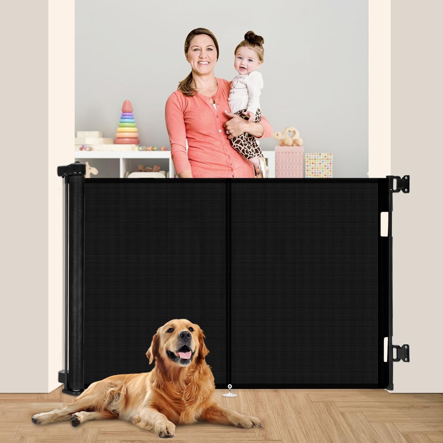 Miumoon 150 inch Retractable Baby Gates 42 inch Tall, Retractable Gate with Reinforced Strip Design to Prevent Crawling Through, 12 FT Extra Wide Retractable Dog Gate for Indoor/Outdoor