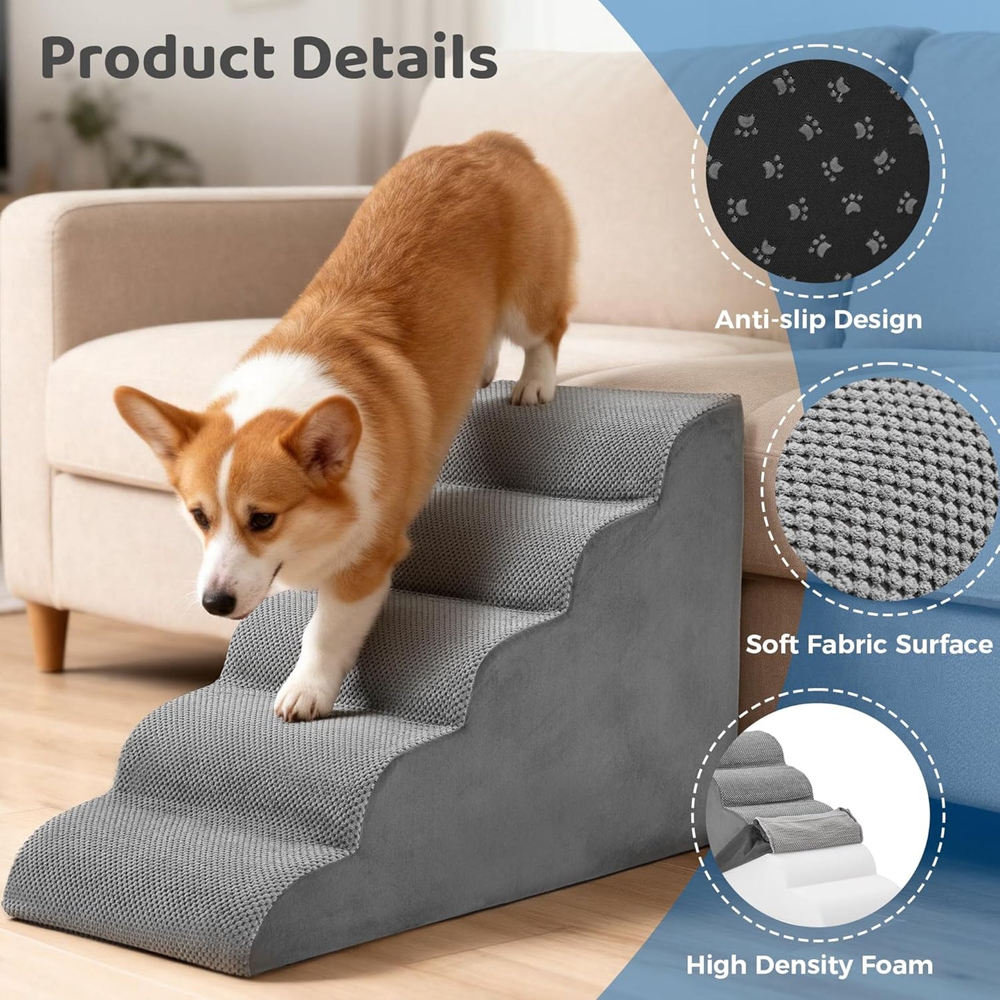 DUMOS Dog Stairs for Small and Medium Dogs, 3-Step Pet Steps with High-Density Foam, Indoor Non-Slip Pet Ramp for Puppy and Older Dogs Cats, Dog Bed Stairs for Couch and Sofa, Grey