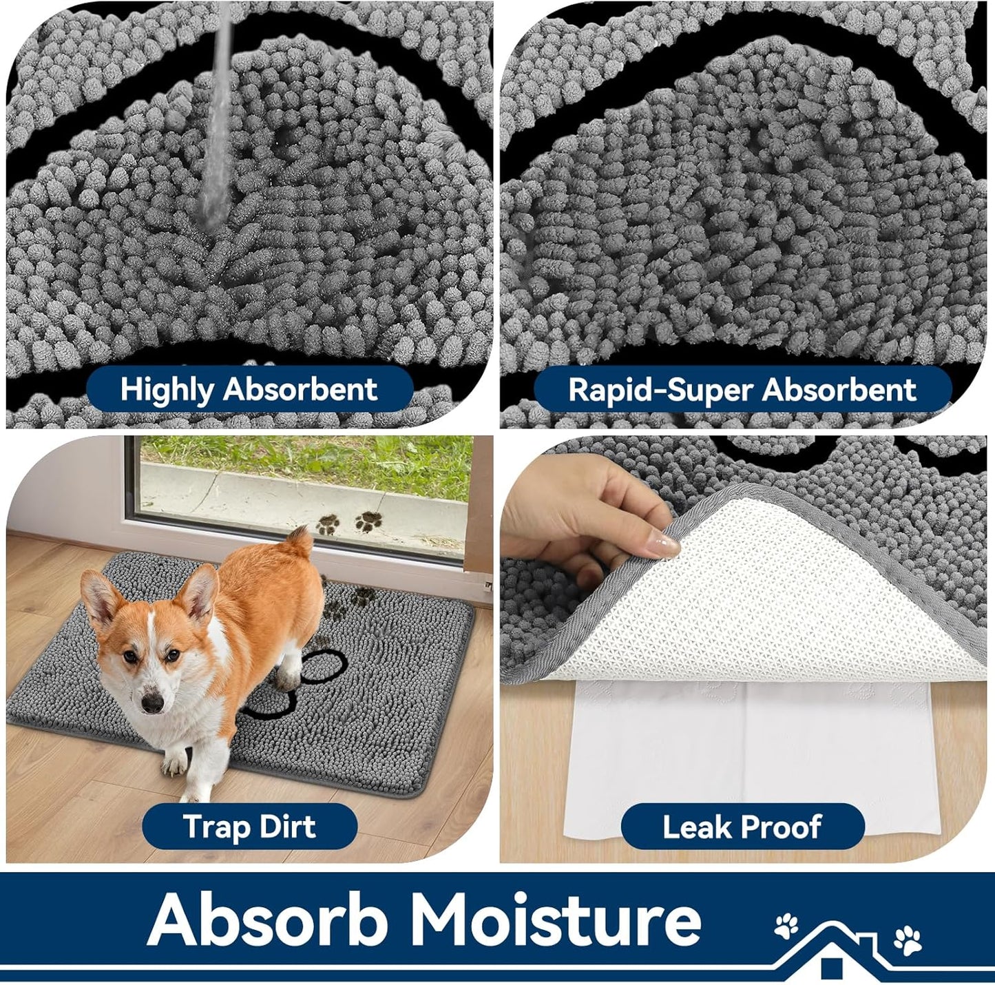 Bcoimo Super Absorbent Dog Door Mat, 30"*20" Anti Slip Mat for Muddy Paws, Pet Rugs for Dirty Paws Washable that Absorbs Moisture and Dirt, for Dog Cage and Pet Resting Carpet