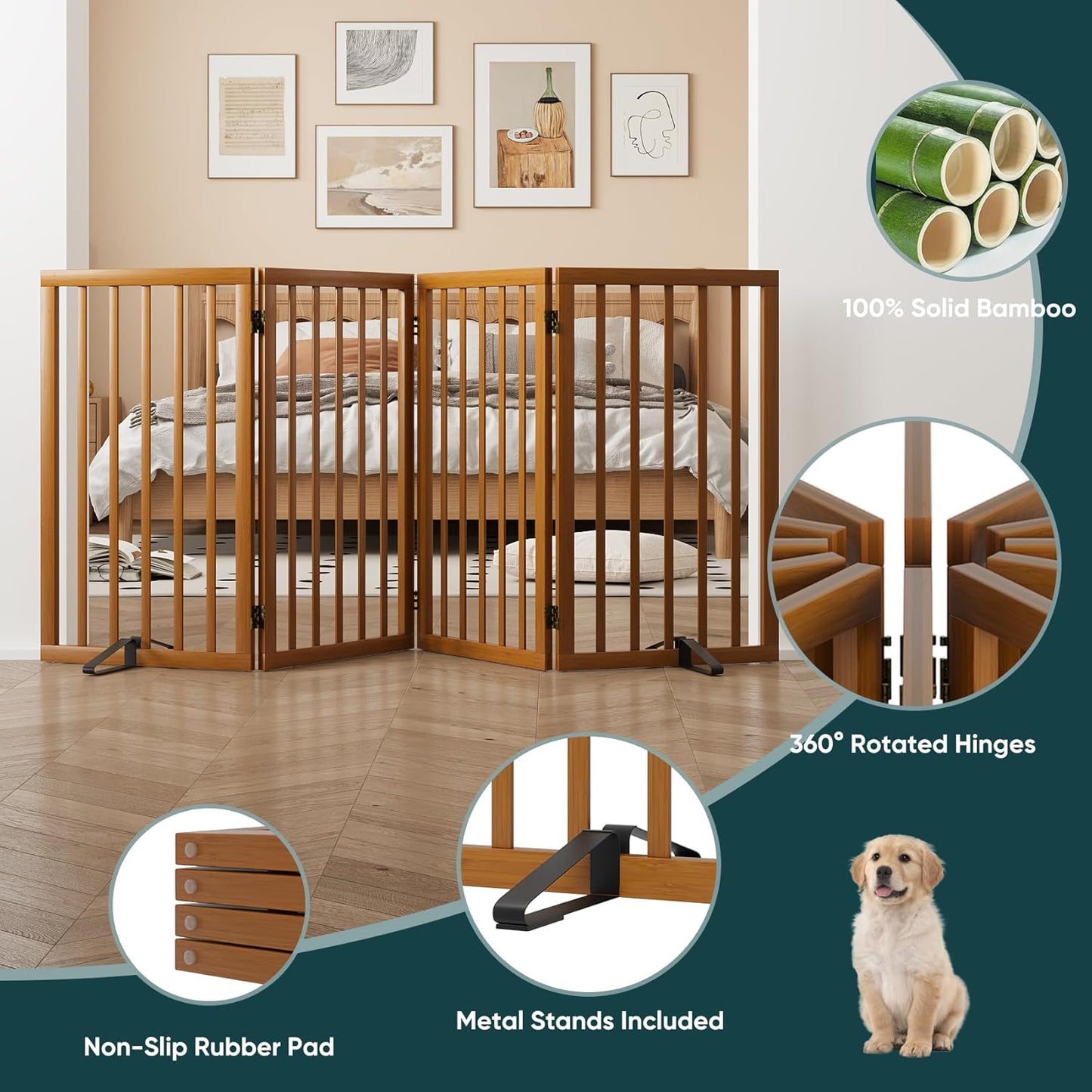 Freestanding Dog Gates Indoor, 3-Panel Pet Gates with 2 Metal Stands and 360° Hinge, 24" H Foldable Dog Gate for Stairs, Doorway, Kitchen, Expands Up to 55" Fully Assembled - Black Walnut