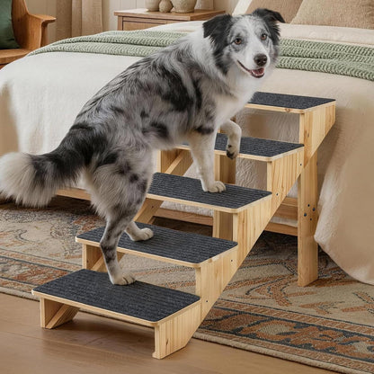 5-Step Dog Stairs for Large Dogs, Solid Wooden Dog Steps for Beds/Couch with Carpet, 24 Inches Anti-Slip Pet Stairs for High Beds, Ramp for Older/Senior Dogs, Pet Bed Stairs to Get on Bed/Sofa