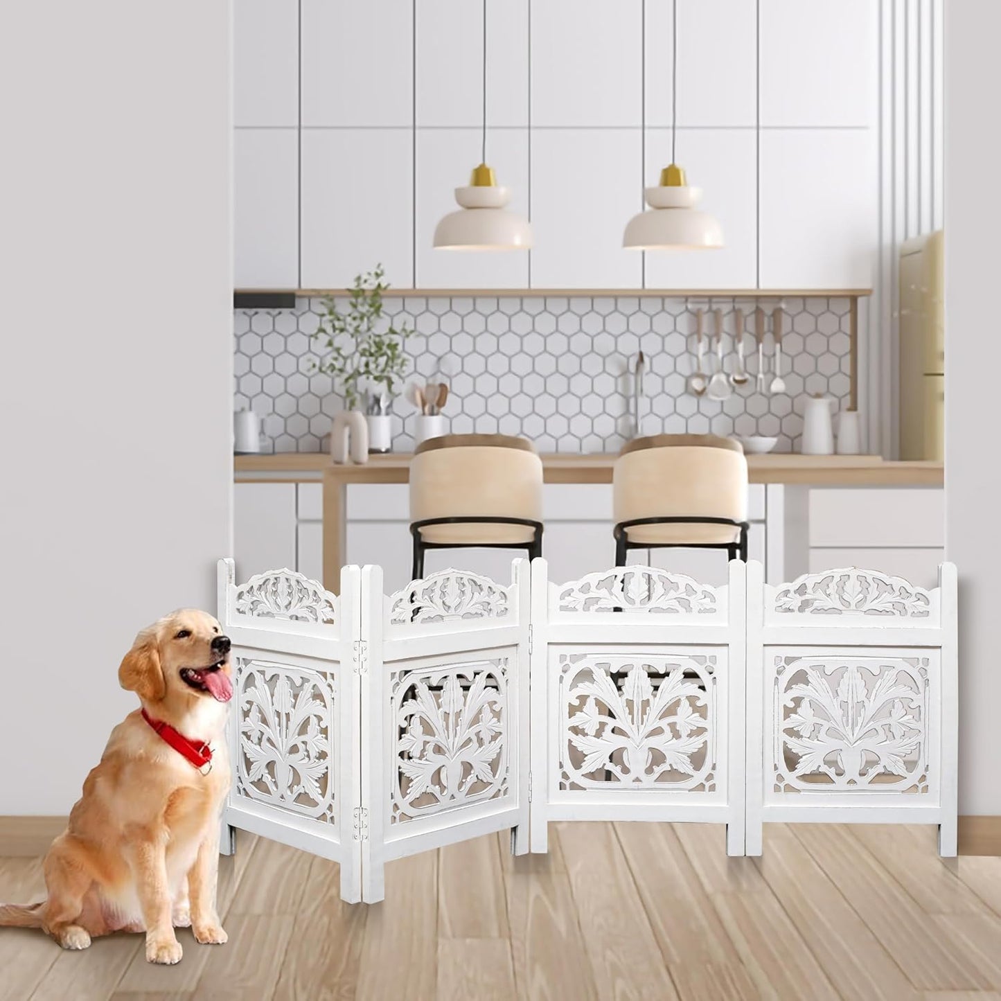 Freestanding Pet Gate for Dogs, Foldable Wooden Dog Gate for House, Indoor Dog Gate for Stair, Doorway, House Design Gates for Dogs Indoor, 72 Inch Wide, (18" x4 Panels 72 inch), Burnt Finish