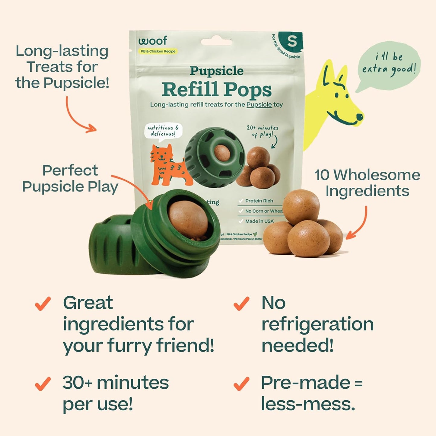 WOOF Pupsicle Refill Pops - Low-Mess Dog Snacks - with Peanut Butter and Beef - Dog Treats - Long Lasting - Large Pops - 7 Count