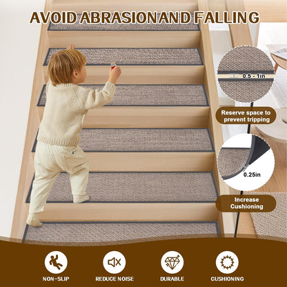 Stair Treads Non Slip, Rubber Backing Stair Treads for Wooden Steps, 15 PCS Thicken Linen Carpet Stair Runners Indoor for Kids Elders and Pets, No Residue Stair Carpet Treads, 8"x30", Beige