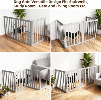 ZJSF Freestanding Indoor Dog Gate for House Foldable Wood Brown Puppy Gate for Doorways Pet Gate for Stairs Extra Wide Pet Fence 24" Height 2 Panels