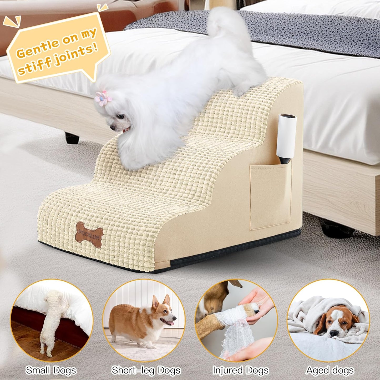 POCBLUE Dog Stairs for Small Dogs 15.7" H, Wide Pet Step for Couch/Sofas/Chairs, Curved Pet Ramps for Small Dogs & Cats with High-Density Foam and Washable Cover, 3-Step, Grey