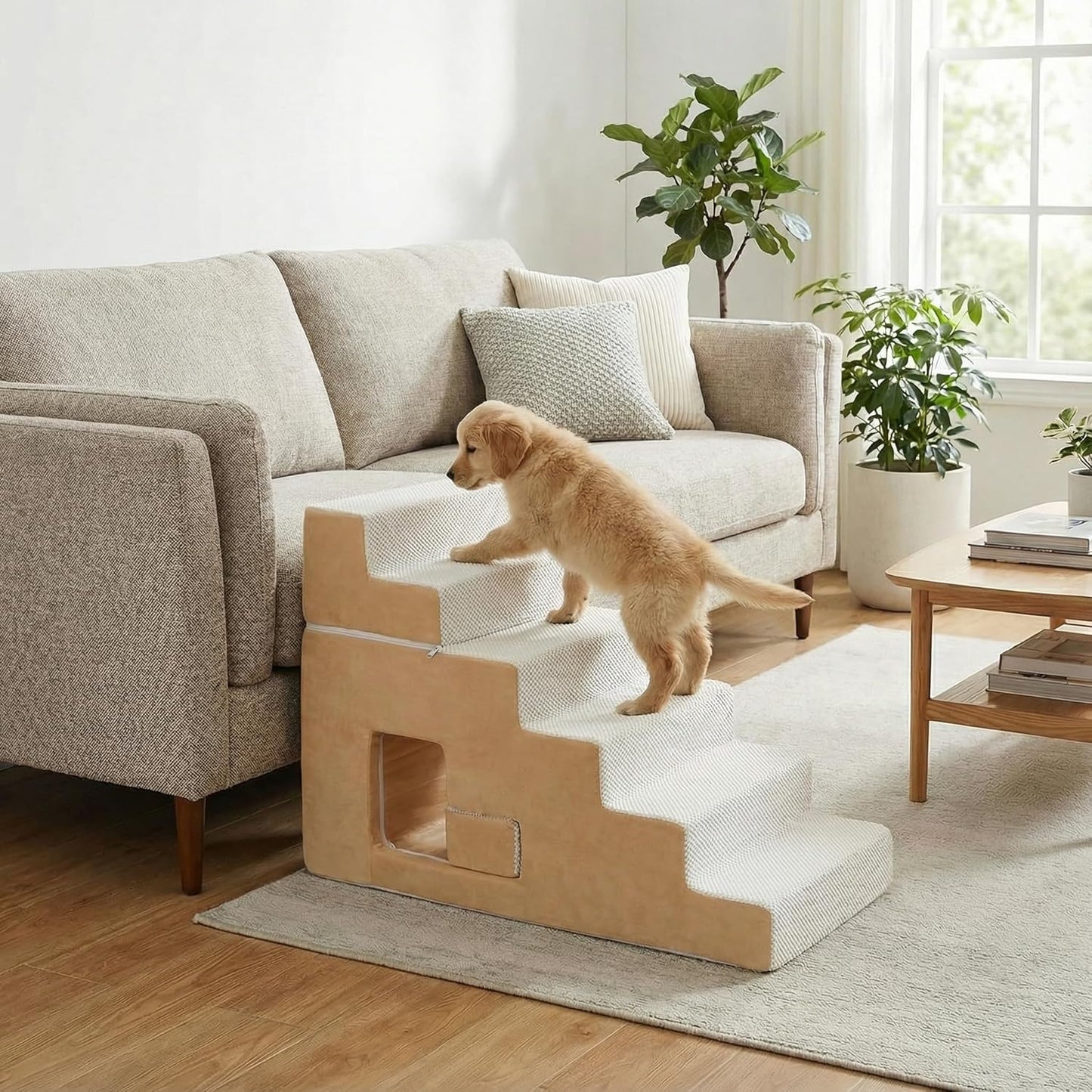 Dog Stairs for Small Dogs, 6-Step Dog Steps for High Bed, High-Density Foam Pet Stairs with Non-Slip Removable Washable Cover to Get on Bed