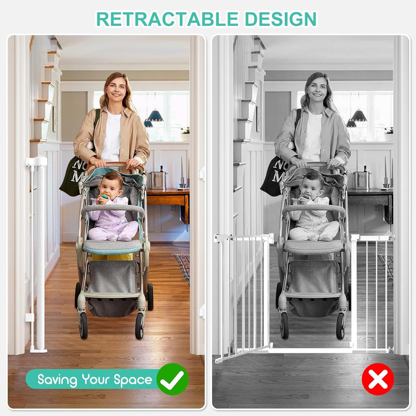 Upgrade 120 inch Retractable Baby Gates, EZIGO Extra Wide Baby Gate for Large Opening Extra Long Mesh Gate for Kids or Pet Dog Gate Child Safety Gate for Stairs Hallways Doorway Indoor Outdoor, Gray
